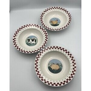 Tienshan Folk Art 8.5" Bowls Farm Animals & Checkered Rim - Set Of 3